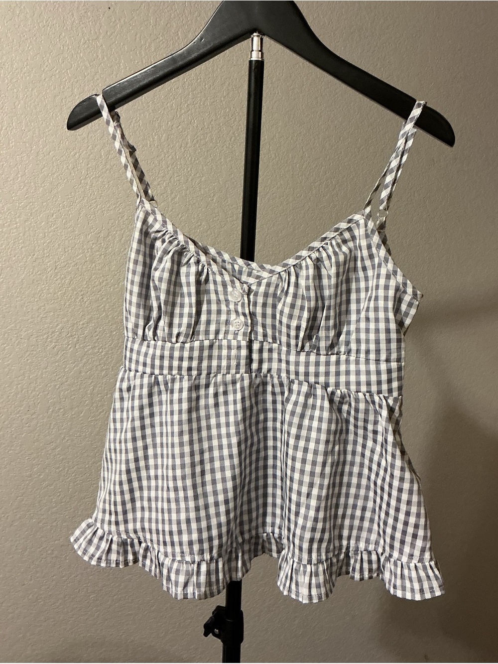 Gingham Ruffle Hem Spaghetti Strap Top - Blue & White
